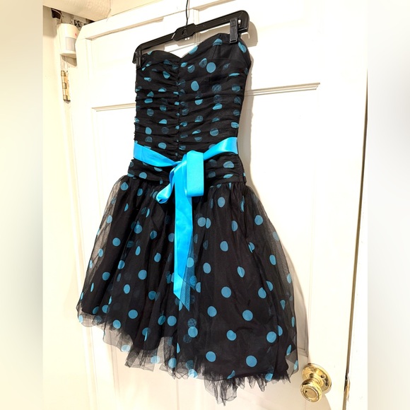 Jessica McClintock EUC Amazing Blue Polka Dot Black Tulle Cocktail Party Dress - Picture 2 of 10